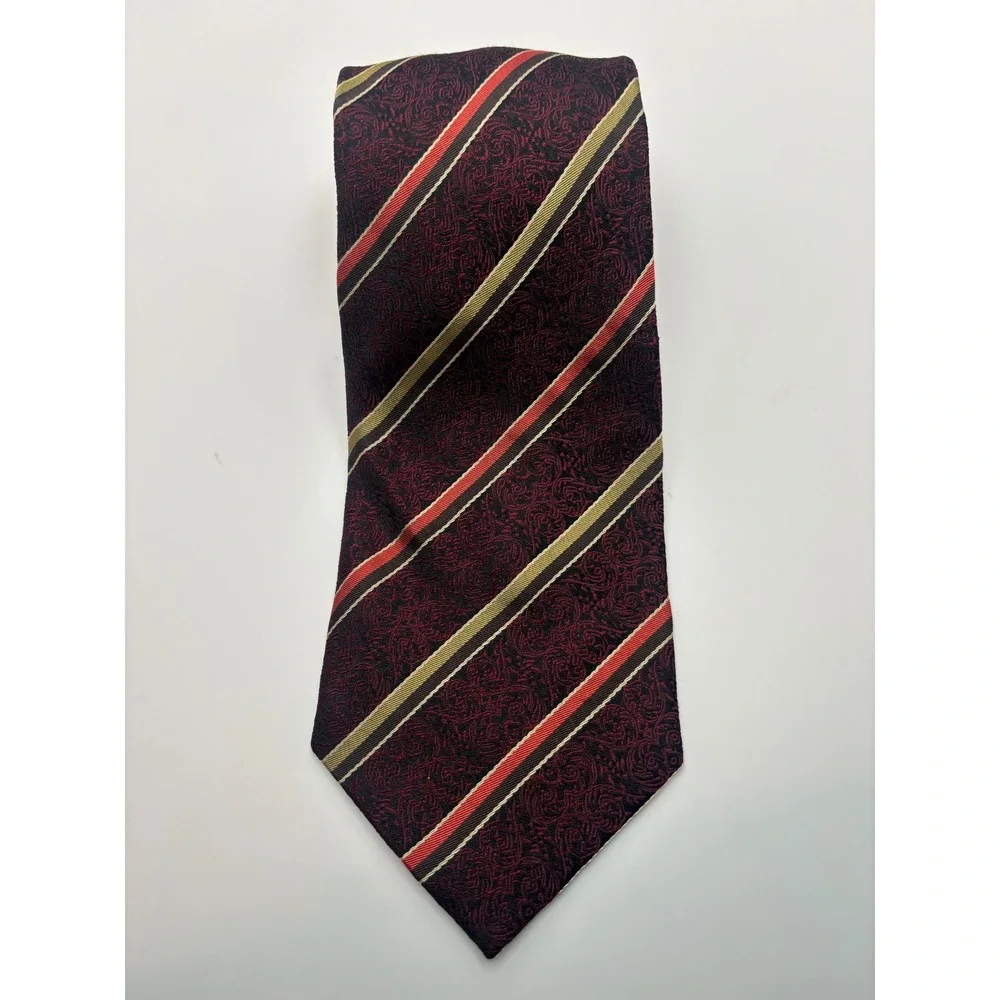 Luciano Ferretti Mens Silk Tie Burgundy Paisley Striped Red Gold Jacquard 1602